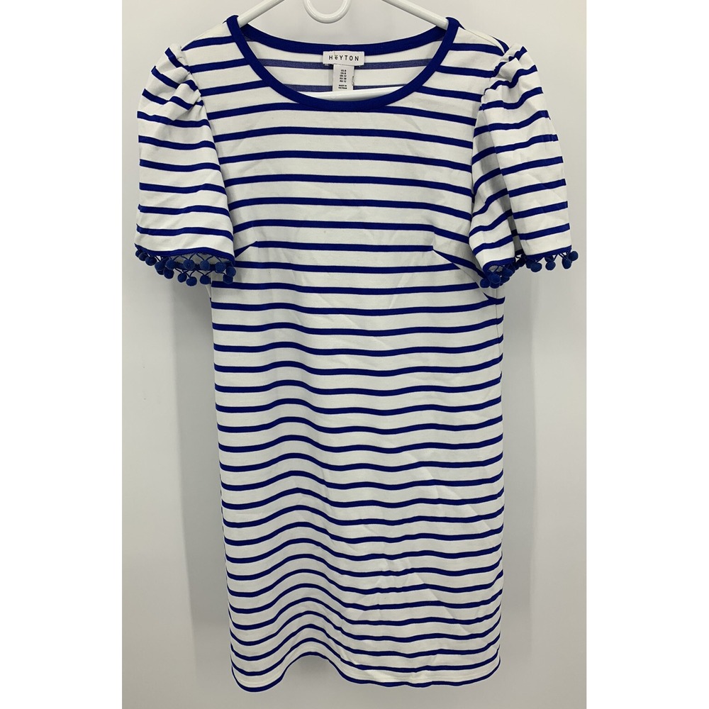 Heyton Size 8 Blue and White Stripped Pom Pom Mini Dress Stretch Knit